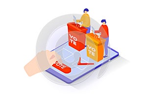 Election and voting concept in 3d isometric design. People vote online and choose political candidate, politicians hold debates