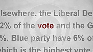 Election, voting concept. Word vote highlighted red among random text on paper texture background