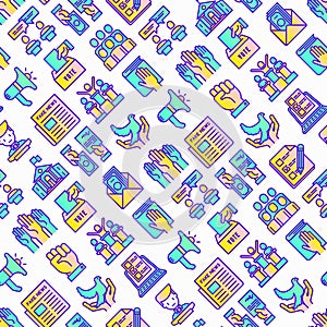 Election and votings seamless pattern with thin line icons: voters, ballot box, inauguration, corruption, debate, president,