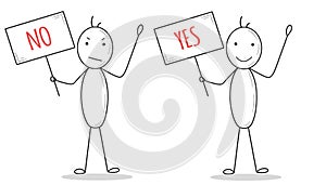 Elections choise yes no. Stick people with poster: happy person with red yes, and sad arguing person with no. Reject or accept