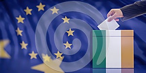 Hand inserting an envelope in a Ireland flag ballot box on European Union flag background. 3d illustration