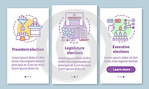 Elections onboarding mobile app page screen with linear concept. President, legislature, executive election. Three