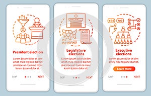 Elections onboarding mobile app page screen vector template. President, legislature, executive elections. Walkthrough