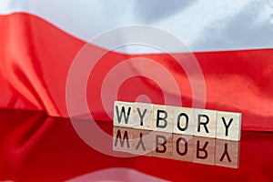 Elections in Poland year 2023, Concept, White and red national banner encouraging to go to vote in parliamentary elections. the