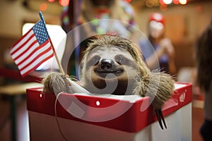 The elections. Sloth holding American flag in box at terrestrial animal event