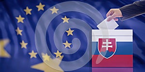 Hand inserting an envelope in a Slovakia flag ballot box on European Union flag background. 3d illustration