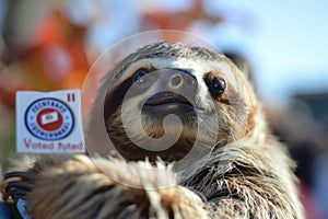 The elections. Terrestrial animal, Threetoed sloth, holding voted head sticker photo