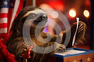 The elections. Threetoed sloth holding paper at podium during event photo