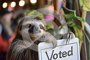 The elections. Threetoed sloth holding a voted sign in its paws in a wildlife event photo