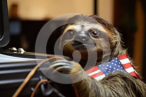 The elections. A threetoed sloth proudly holds an American flag in its paws photo