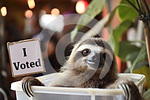 The elections. Threetoed sloth spotted holding I voted sign in jungle photo