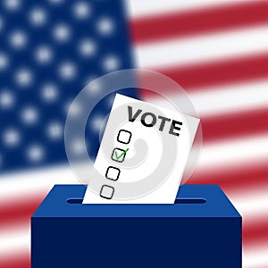 Elections to US Senate in 2018, preparation of vote against the background of a blurred American flag.
