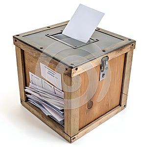 Electoral ballot box with papers inside isolated on white background
