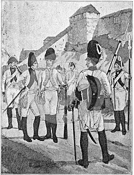 Electoral Saxon Infantry 1802. Illustration of the 19th century.