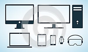 Electorinc devices icons. Black flat icons of digital device isolated on blue background. Smartphone, tablet