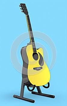 Electric acoustic guitar on stand isolated on blue background.