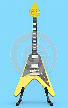 Electric acoustic guitar on stand isolated on blue background.
