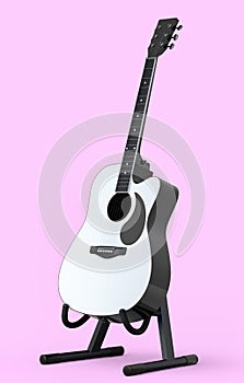 Electric acoustic guitar on stand isolated on pink background.