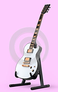 Electric acoustic guitar on stand isolated on pink background.