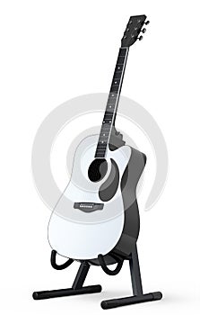 Electric acoustic guitar on stand isolated on white background.