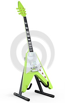 Electric acoustic guitar on stand isolated on white background.