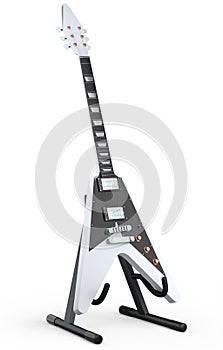 Electric acoustic guitar on stand isolated on white background.