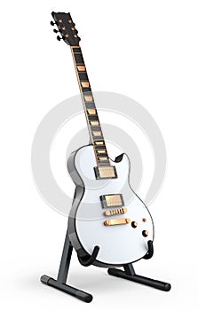 Electric acoustic guitar on stand isolated on white background.