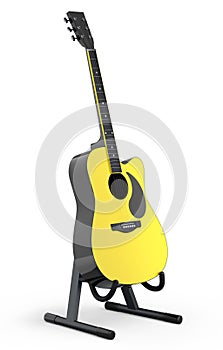 Electric acoustic guitar on stand isolated on white background.