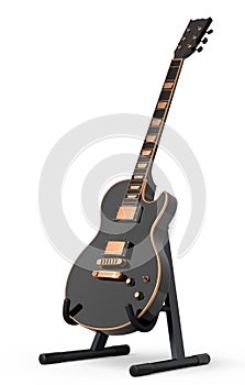 Electric acoustic guitar on stand isolated on white background.