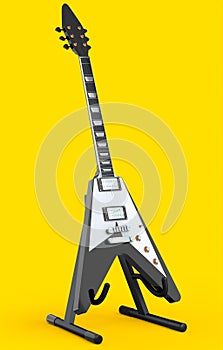 Electric acoustic guitar on stand isolated on yellow background.