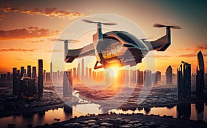 Electric Air taxi eVTOL flying high over a city at sunset. Urban Air Mobility, concept of future transportation .