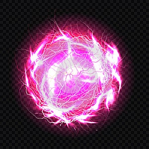 Electric ball, lightning circle strike impact place, plasma sphere in purple color isolated on dark background. Powerful