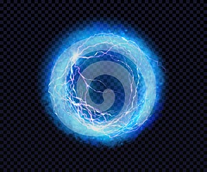 Electric ball. Lightning circle. Thunderbolt. Vector electric discharge effect. The light sphere in blue and purple photo