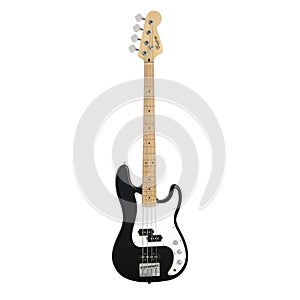 Electric Bass Guitar, 4 Strings Black Bass Music Instrument Isolated on White Background