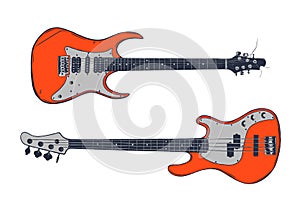 Electric and bass guitar on white background. Vector illustration.