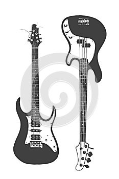 Electric and bass guitar on white background. Vector isolated illustration.