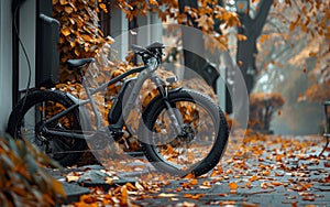 Electric bicycle parked on the street with fallen leaves in autumn