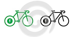 Electric Bike, Ecological Transport on Electronic Energy Green and Black Glyph Pictogram Set. Eco Hybrid Bicycle Icons