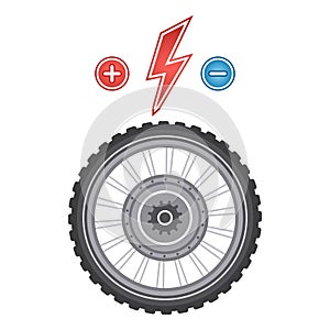 Electric bike hub wheel motor charge icon. E-bike power engine with tire. Electrical equipment of pedal bicycle, lightning. Vector
