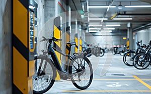 Electric bikes parked in charging station