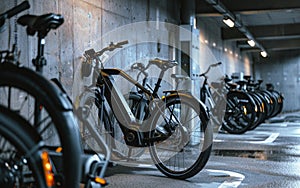 Electric bikes parked in row in underground parking lot.