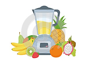 Electric blender, mixer or juicer. Assortment of different fruits and berries. Vector illustration in cartoon style