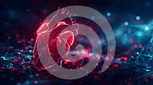 An electric blue, computer generated image of a human heart on a dark background