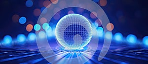 Electric blue disco ball spins on stage with blue visual effect lighting