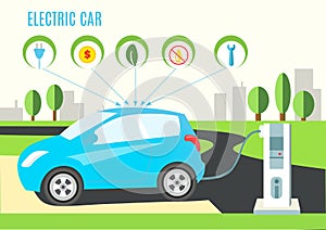 Electric Blue Hybrid Car Charging Illustration on the Road and City Landscape. Icons with plug, money, eco, oil and wrench. Vector