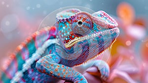 Electric blue lizard perched on pink flower, closeup shot in macro photography