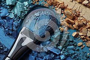 An electric blue makeup brush rests atop blue and brown eye shadow pile