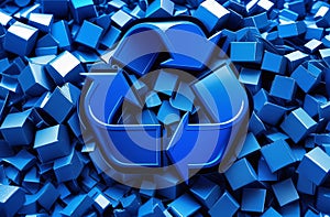 Electric blue recycling symbol encircled by azure cubes in a symmetrical pattern