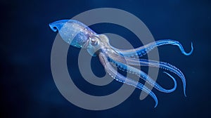 Electric blue squid swims underwater in ocean among zooplankton and cnidaria