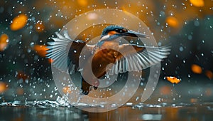 An electric blue water bird flies over liquid under rain